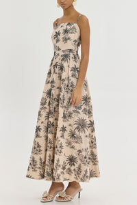 STRAPPY EMBROIDERED MIDI DRESS "MARY" BEIGE/BLACK