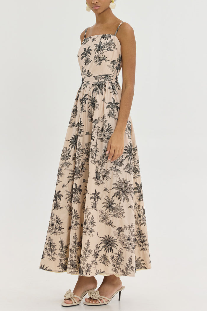 STRAPPY EMBROIDERED MIDI DRESS "MARY" BEIGE/BLACK