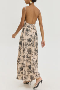 STRAPPY EMBROIDERED MIDI DRESS "MARY" BEIGE/BLACK