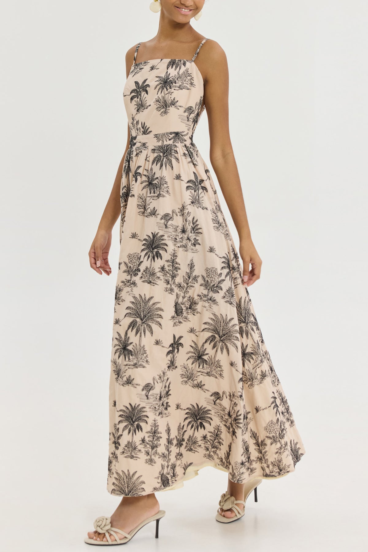 STRAPPY EMBROIDERED MIDI DRESS "MARY" BEIGE/BLACK