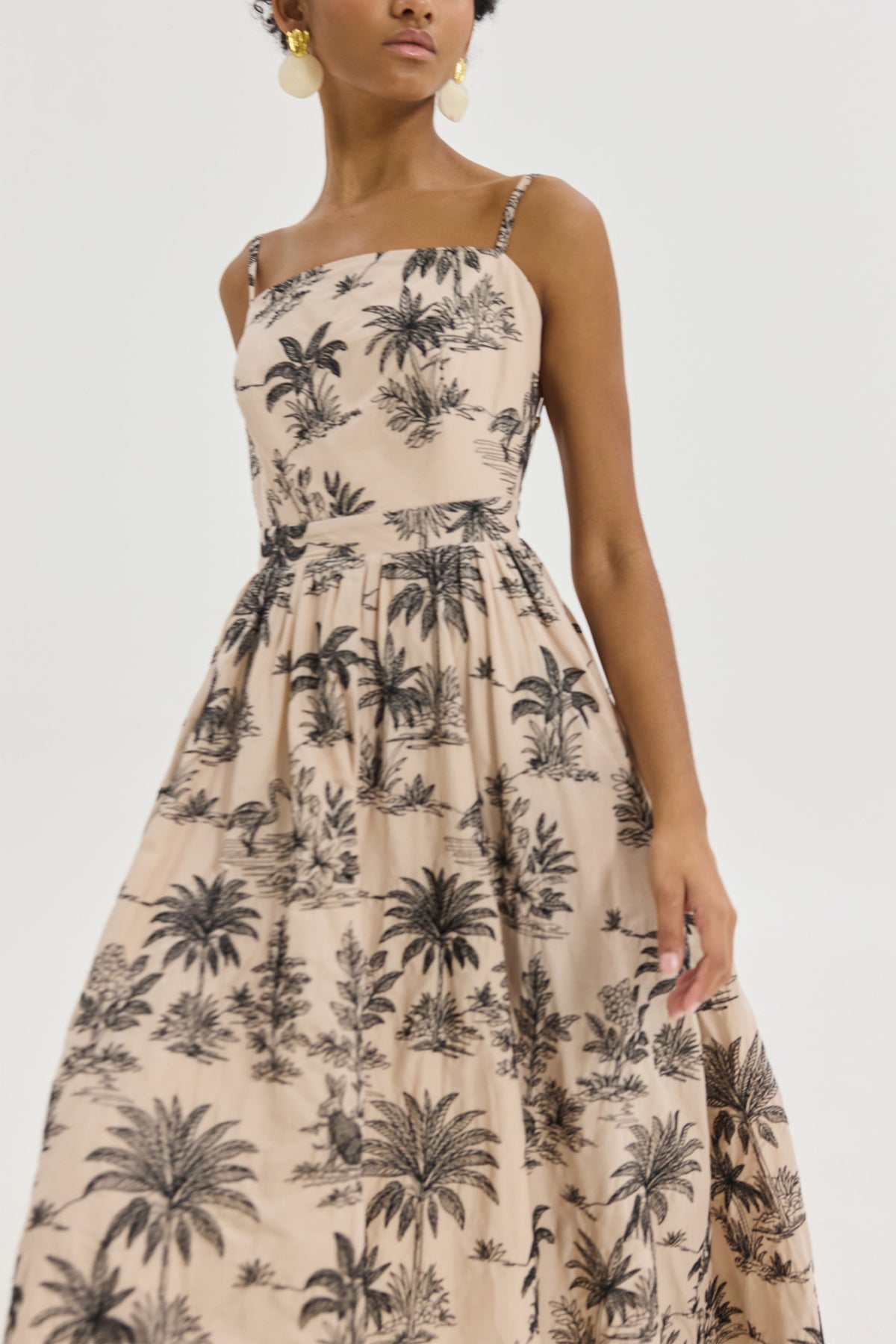 STRAPPY EMBROIDERED MIDI DRESS "MARY" BEIGE/BLACK
