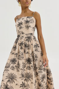 STRAPPY EMBROIDERED MIDI DRESS "MARY" BEIGE/BLACK