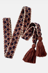 WOVEN BELT WITH TASSELS "TEXTURED ZIGZAG" BROWN/BEIGE/NAVY