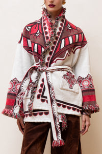 JACQUARD KIMONO JACKET "NIKE" ECRU/RED