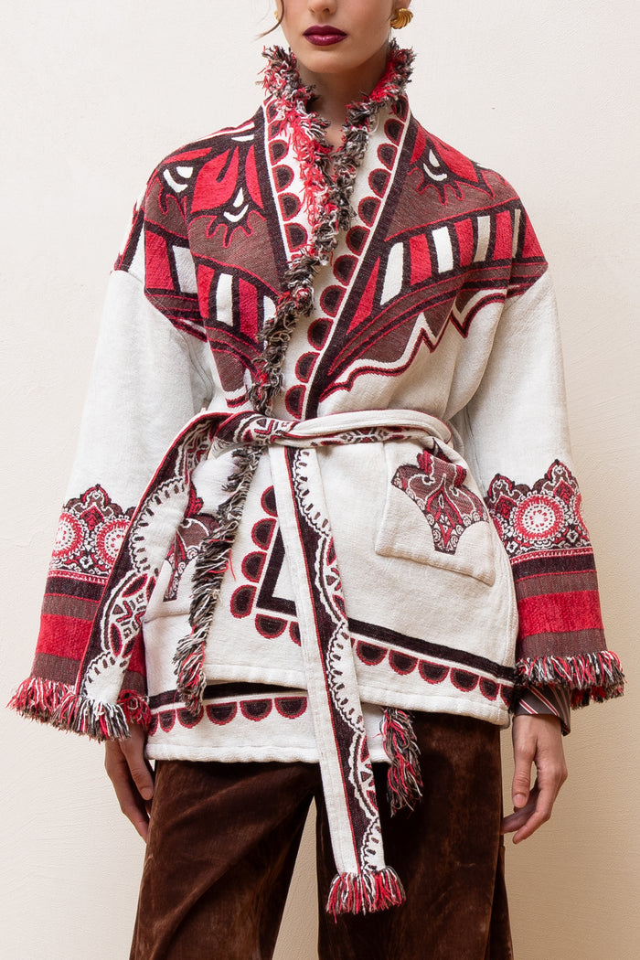JACQUARD KIMONO JACKET "NIKE" ECRU/RED