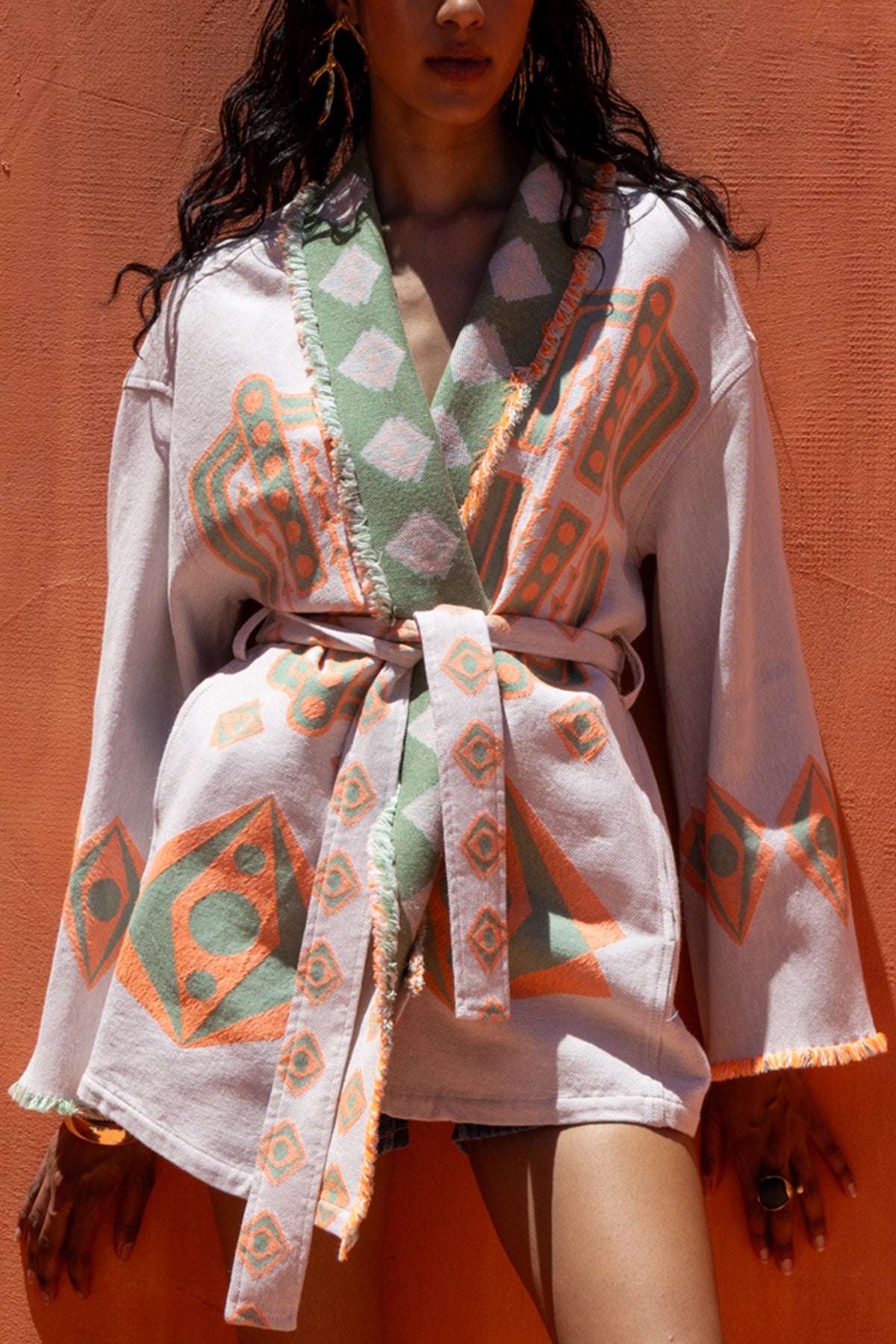 WOVEN COTTON KIMONO JACKET "NIRA" ORANGE/GREEN