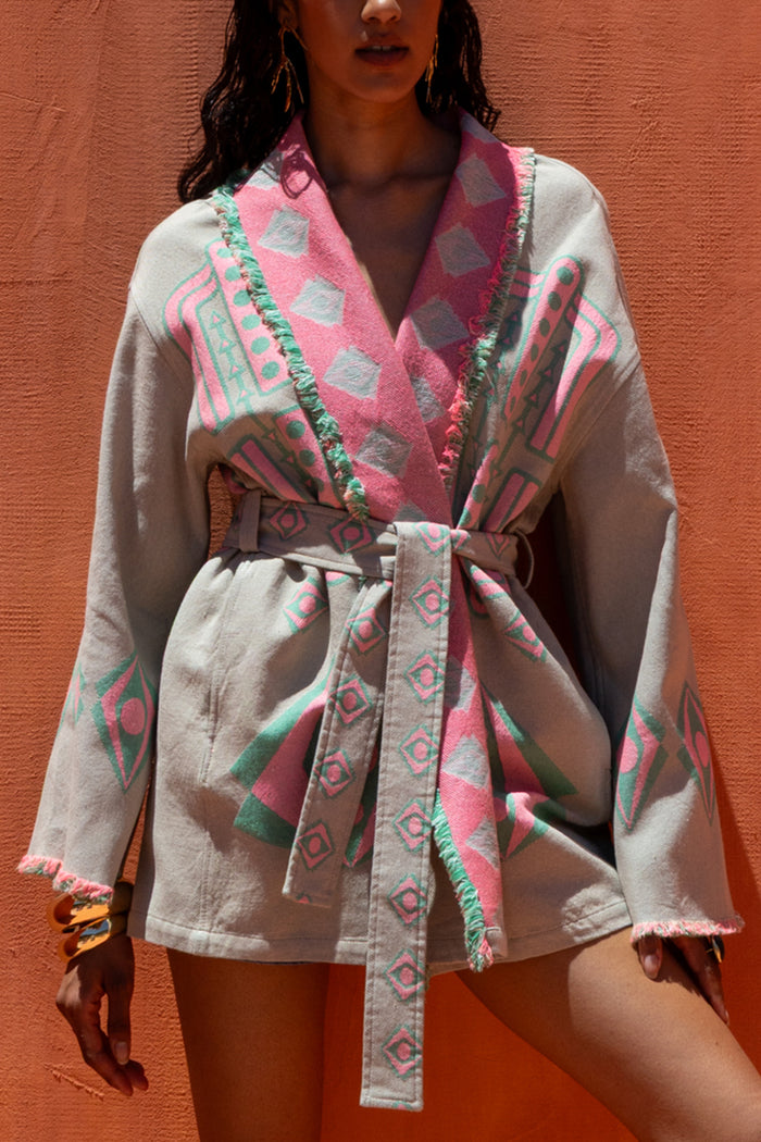 WOVEN COTTON KIMONO JACKET "NIRA" FLUO PINK/GREEN