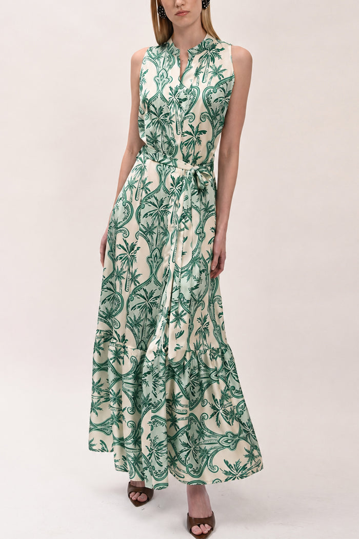 LONG SLEEVELESS SILKY DRESS "PALMS" GREEN/ECRU