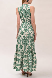 LONG SLEEVELESS SILKY DRESS "PALMS" GREEN/ECRU