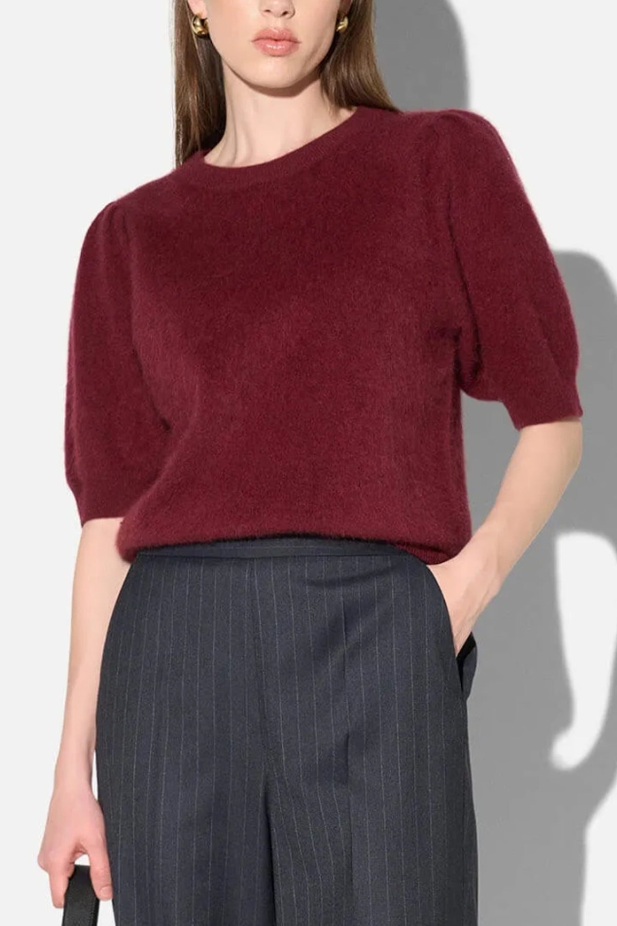BRUSHED WOOL/CASHMERE KNIT PULLOVER BURGUNDY