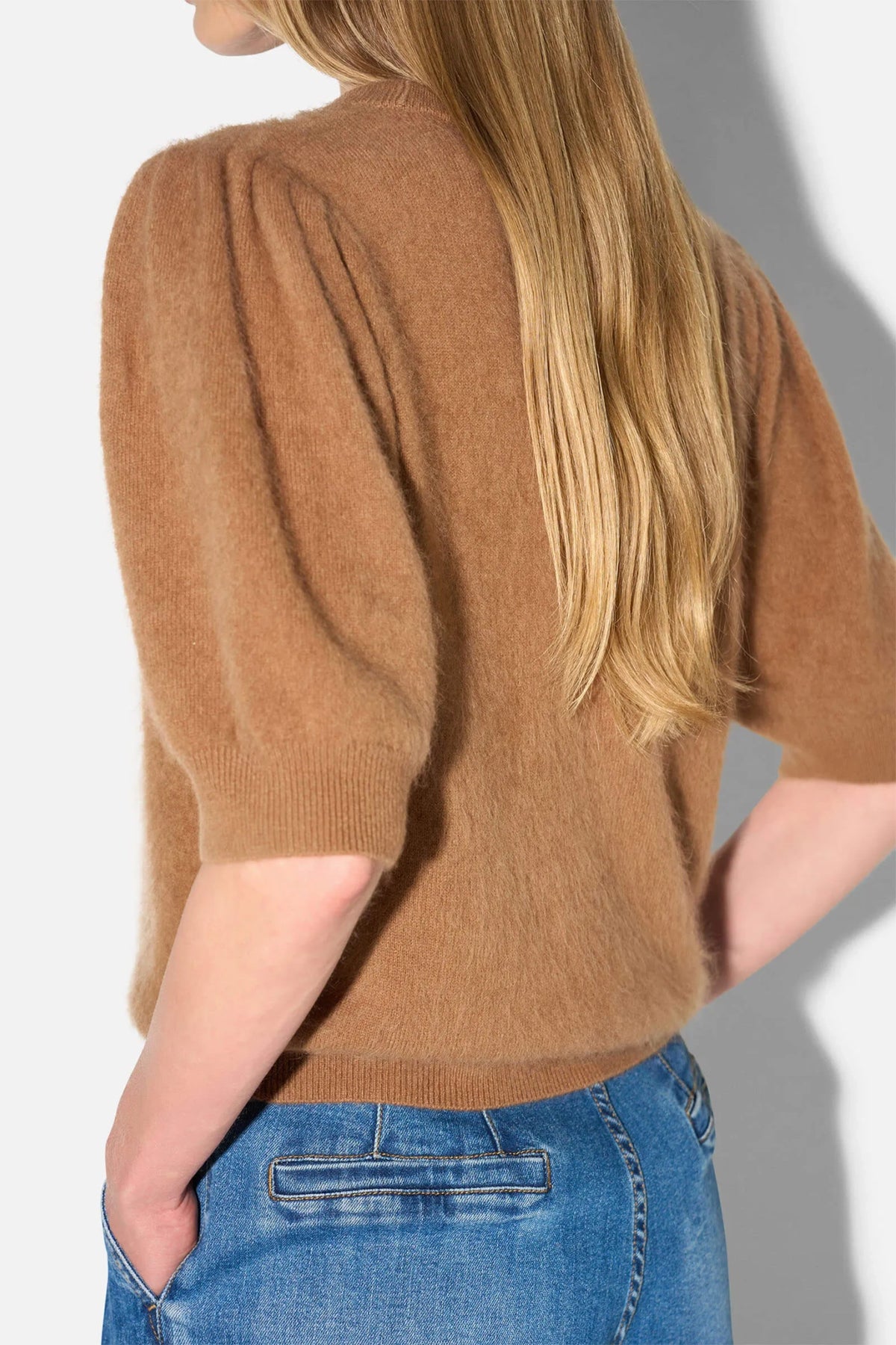 BRUSHED WOOL/CASHMERE KNIT PULLOVER CAMEL
