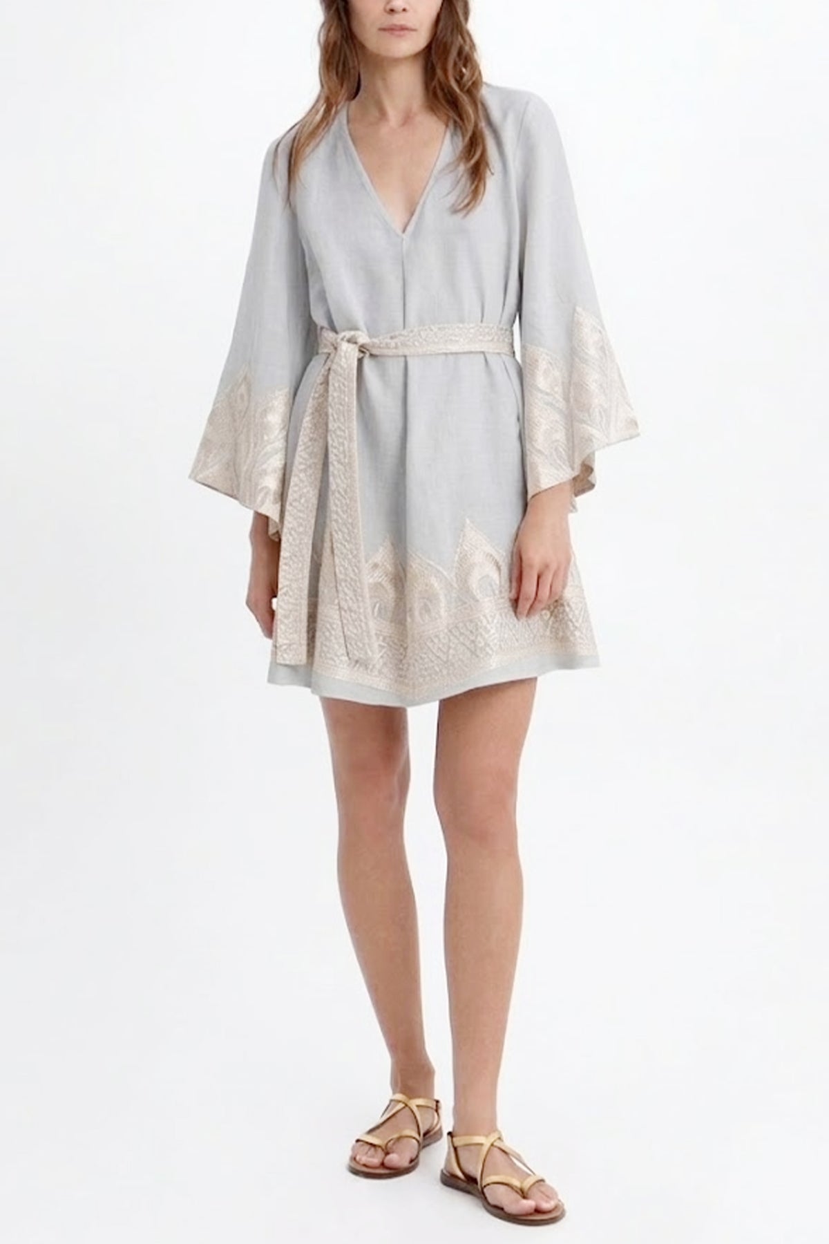 SHORT LINEN DRESS WITH BELL SLEEVES "PHOENIX" LIGHT GREY/CHAMPAGNE