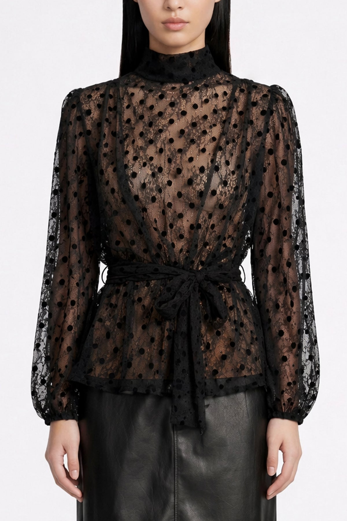 TRANSPARENT POLKA DOT LACE BLOUSE BLACK