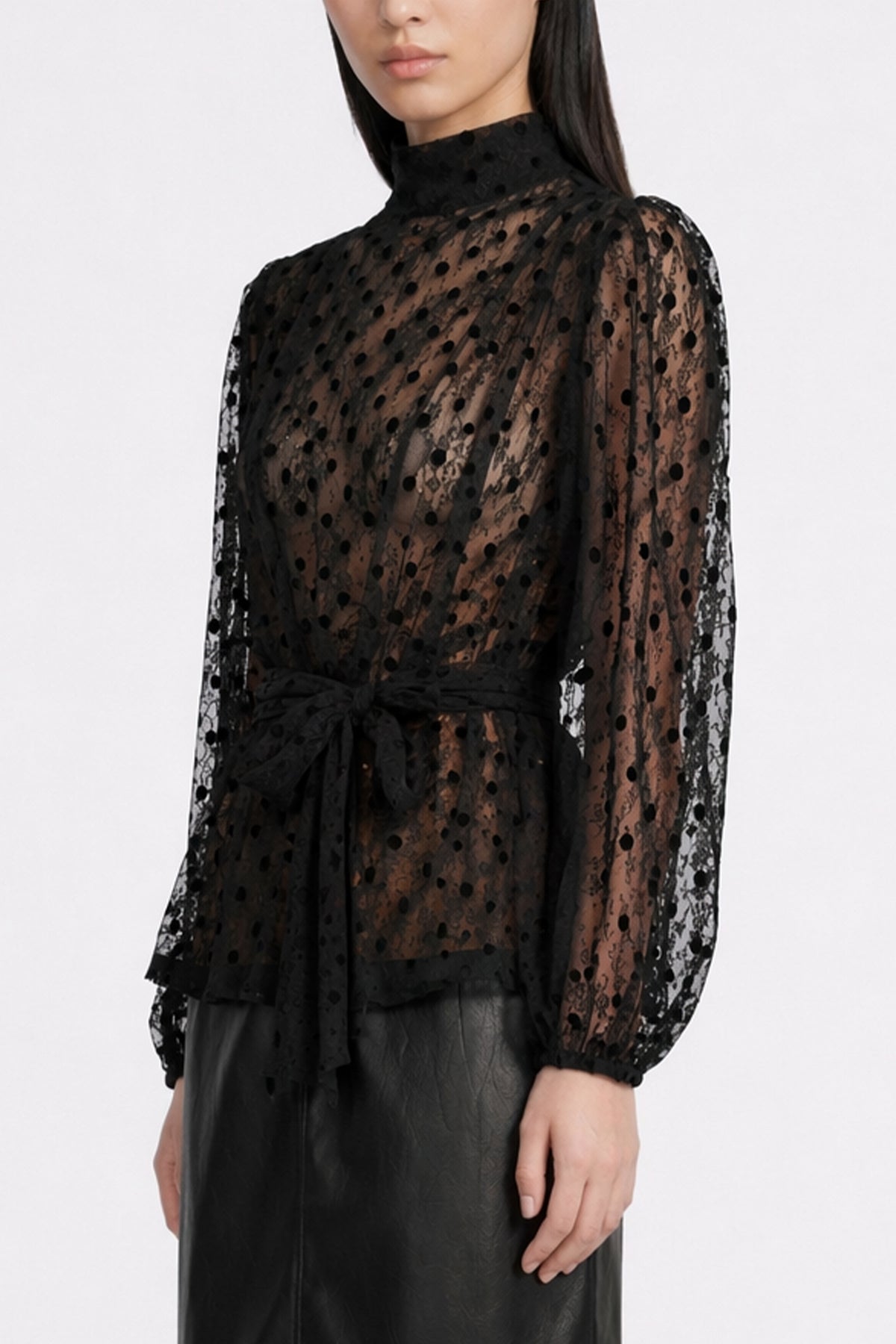 TRANSPARENT POLKA DOT LACE BLOUSE BLACK