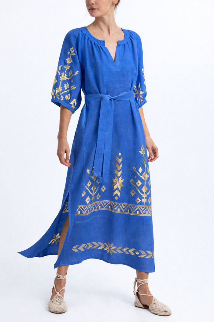 MIDI LINEN DRESS "IOS" BLUE RAF/GOLD