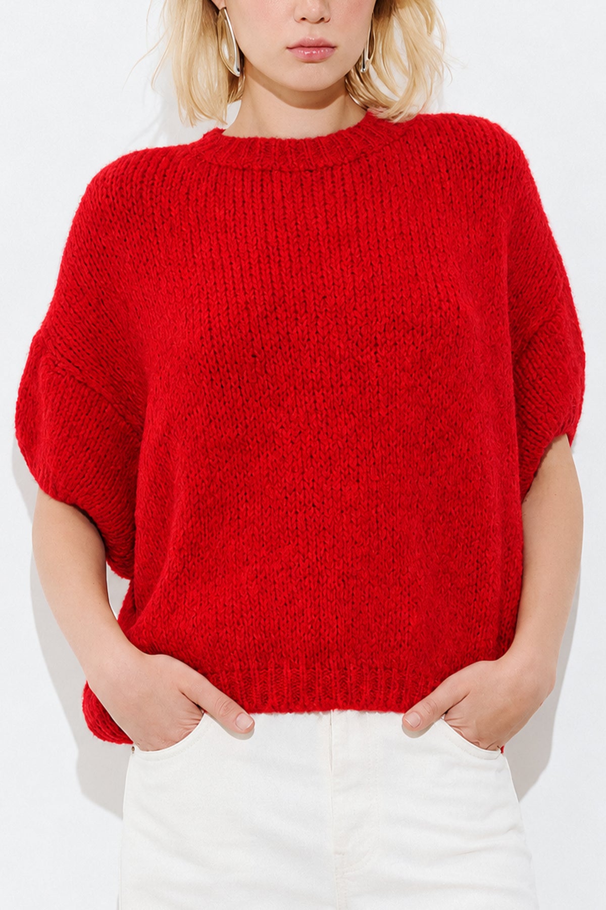 OVERSIZED SUPERSOFT MOHAIR-MIX PONCHO-PULLOVER RED