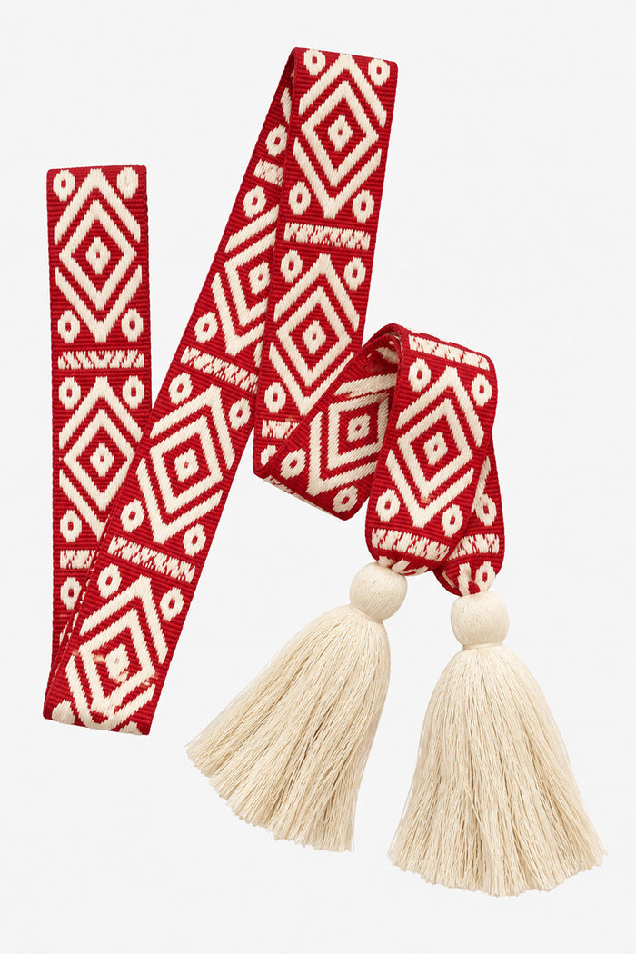 WOVEN BELT WITH TASSELS "AZTEK" RED/ECRU