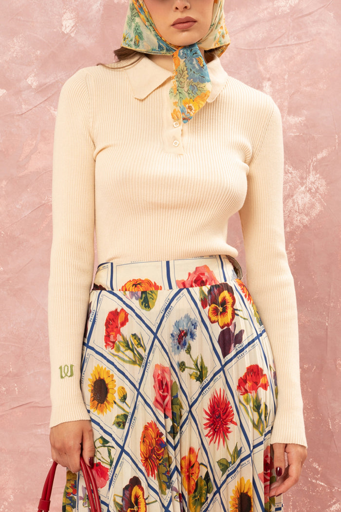 RIBBED VISCOSE POLO PULLOVER CREAM