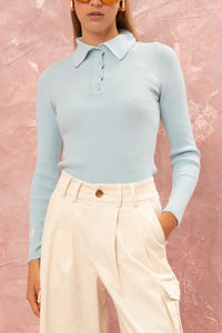RIBBED VISCOSE POLO PULLOVER LIGHT BLUE