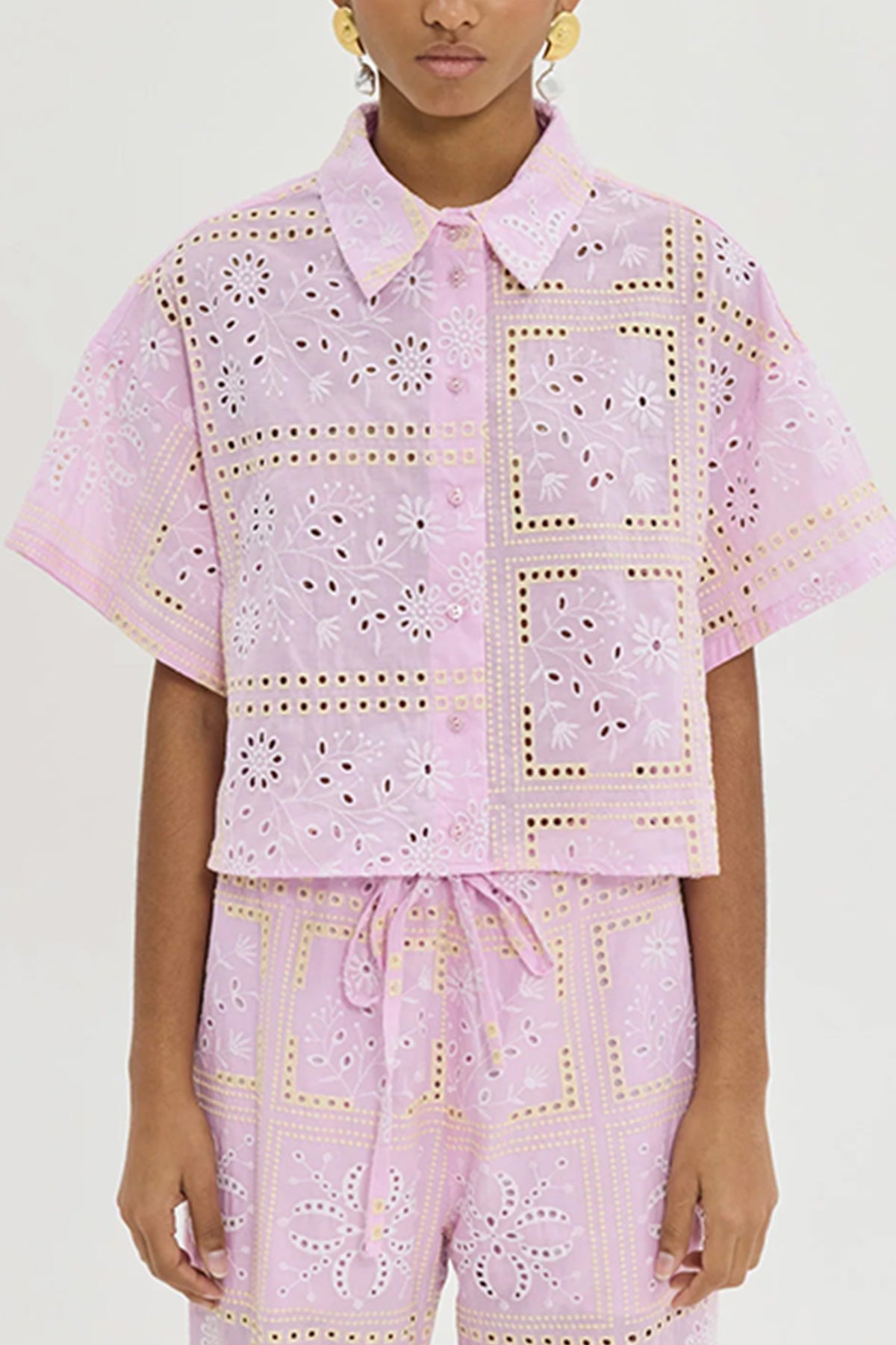 CROPPED EMBROIDERED COTTON BLOUSE "RIO" PALE PINK/YELLOW