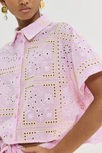 CROPPED EMBROIDERED COTTON BLOUSE "RIO" PALE PINK/YELLOW