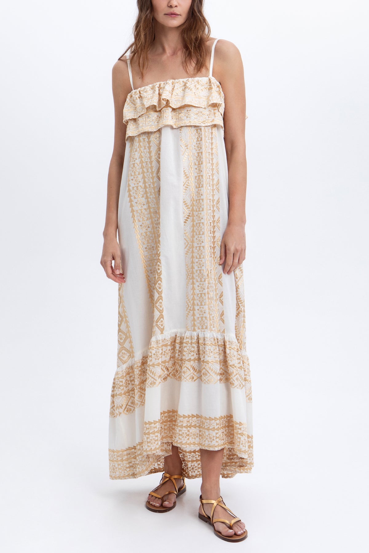 STRAPPY MIDI COTTON DRESS WITH RUFFLES "EMBROIDERED" WHITE/GOLD