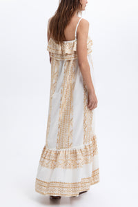 STRAPPY MIDI COTTON DRESS WITH RUFFLES "EMBROIDERED" WHITE/GOLD