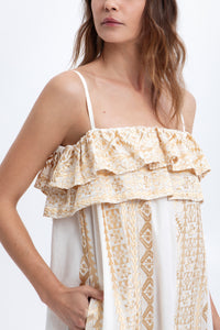 STRAPPY MIDI COTTON DRESS WITH RUFFLES "EMBROIDERED" WHITE/GOLD