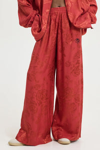 VISCOSE JACQUARD WIDE LEG PANTS "ROSES" RUST