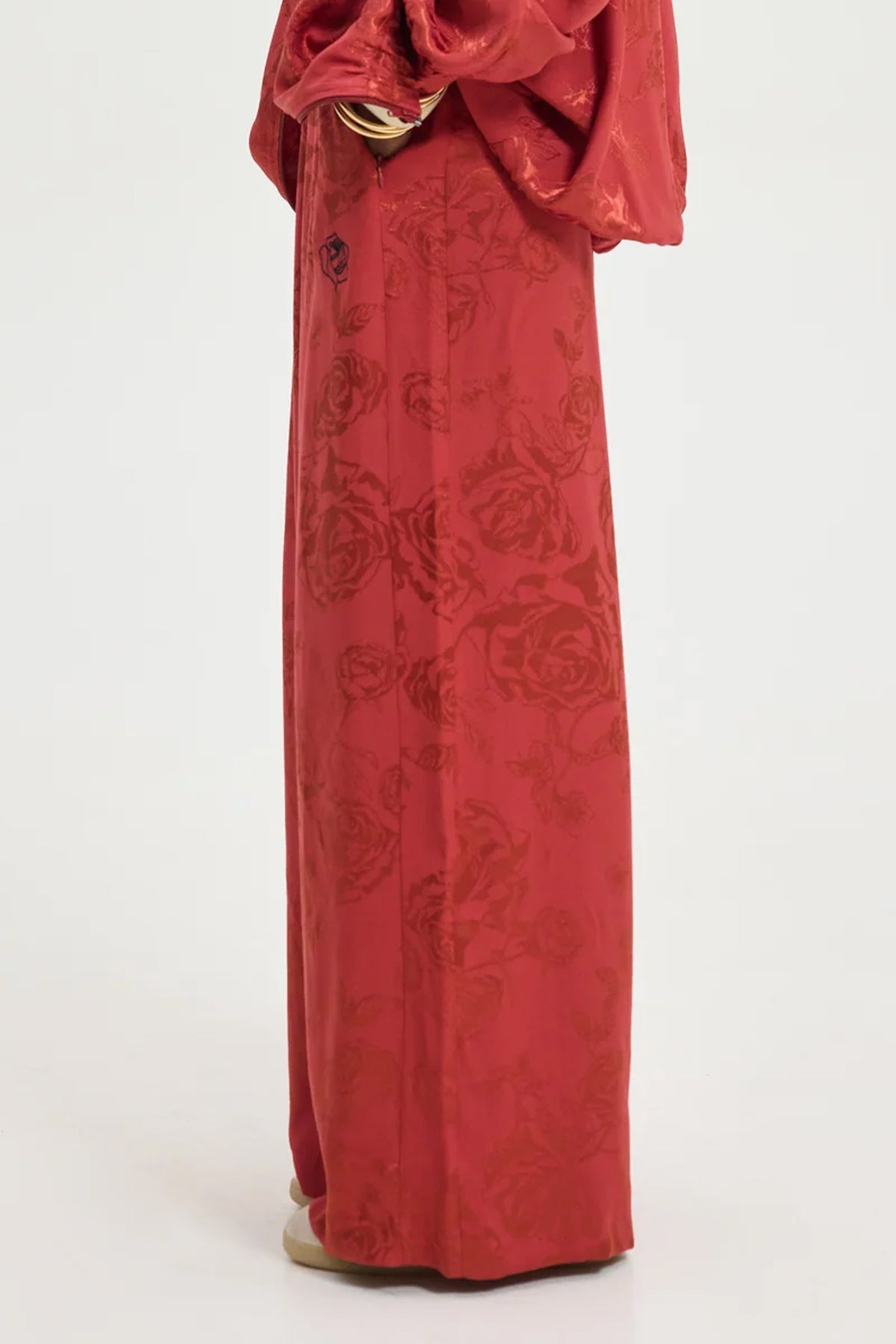 VISCOSE JACQUARD WIDE LEG PANTS "ROSES" RUST