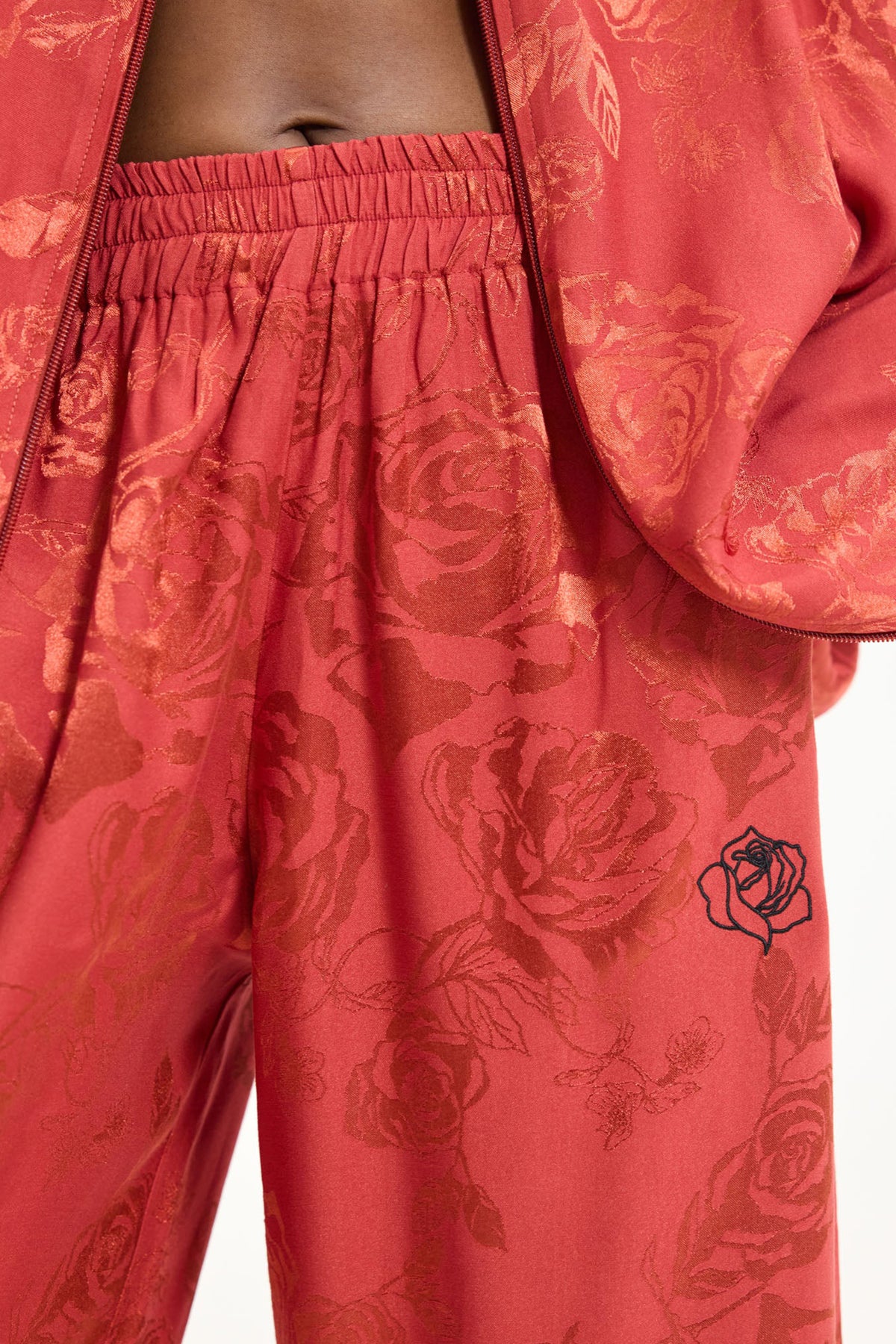 VISCOSE JACQUARD WIDE LEG PANTS "ROSES" RUST