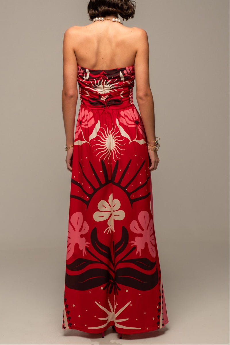 LONG STRAPLESS DRESS "PASSIONFLOWER" RED