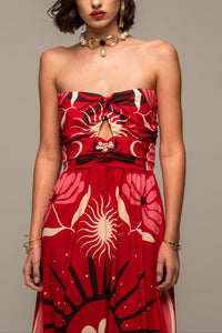 LONG STRAPLESS DRESS "PASSIONFLOWER" RED
