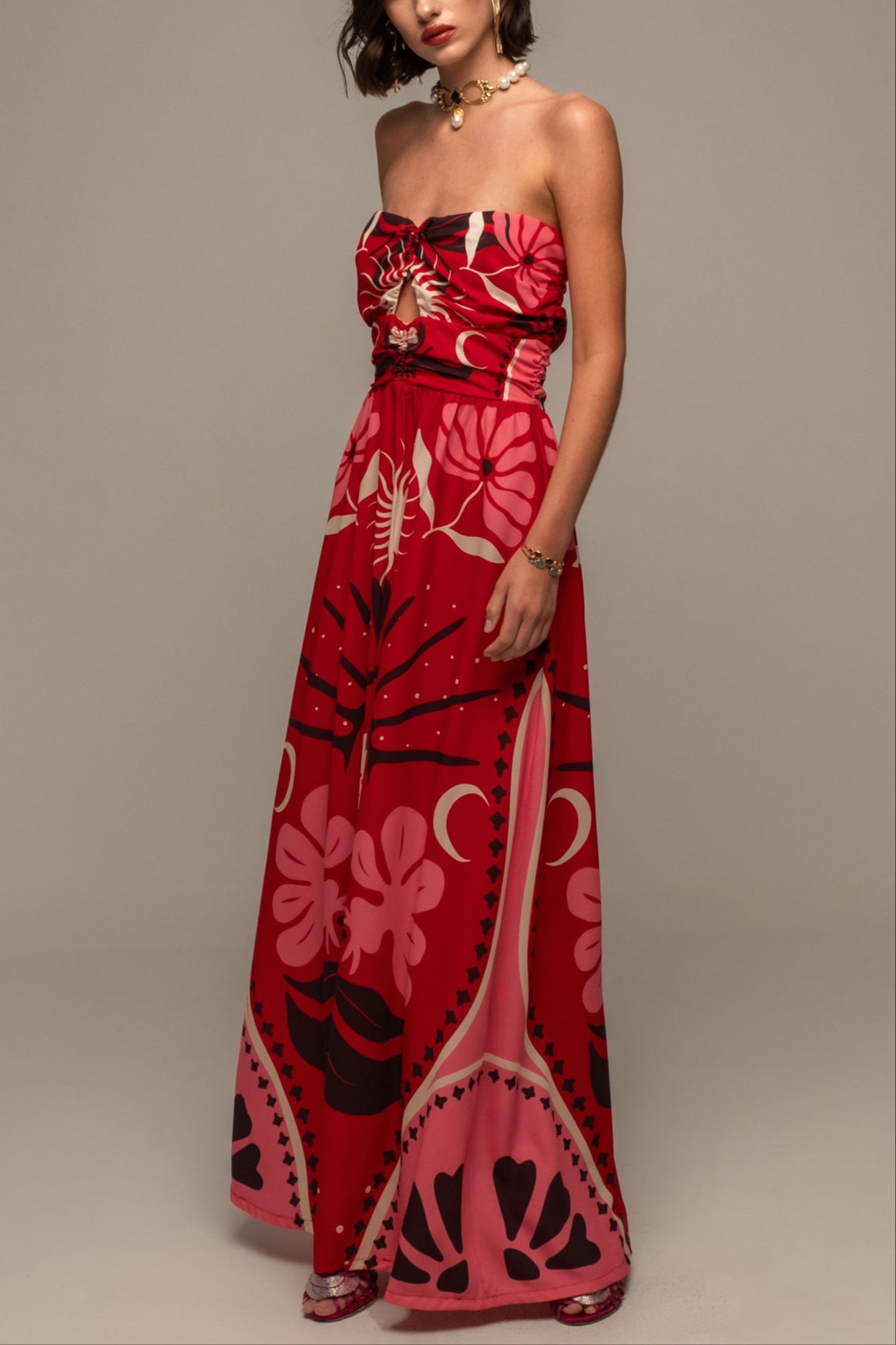 LONG STRAPLESS DRESS "PASSIONFLOWER" RED