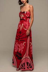 LONG STRAPLESS DRESS "PASSIONFLOWER" RED