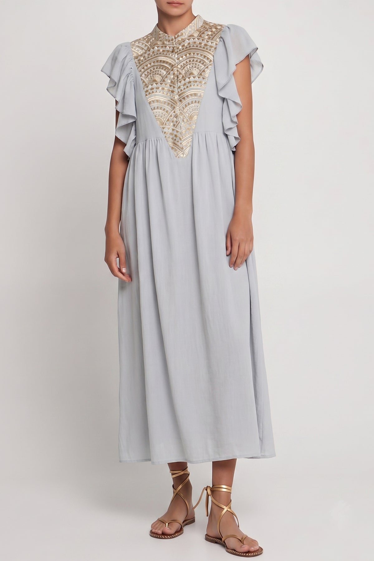 MIDI COTTON DRESS WITH RUFFLES "TRIANGLE" LIGHT GREY/GOLD