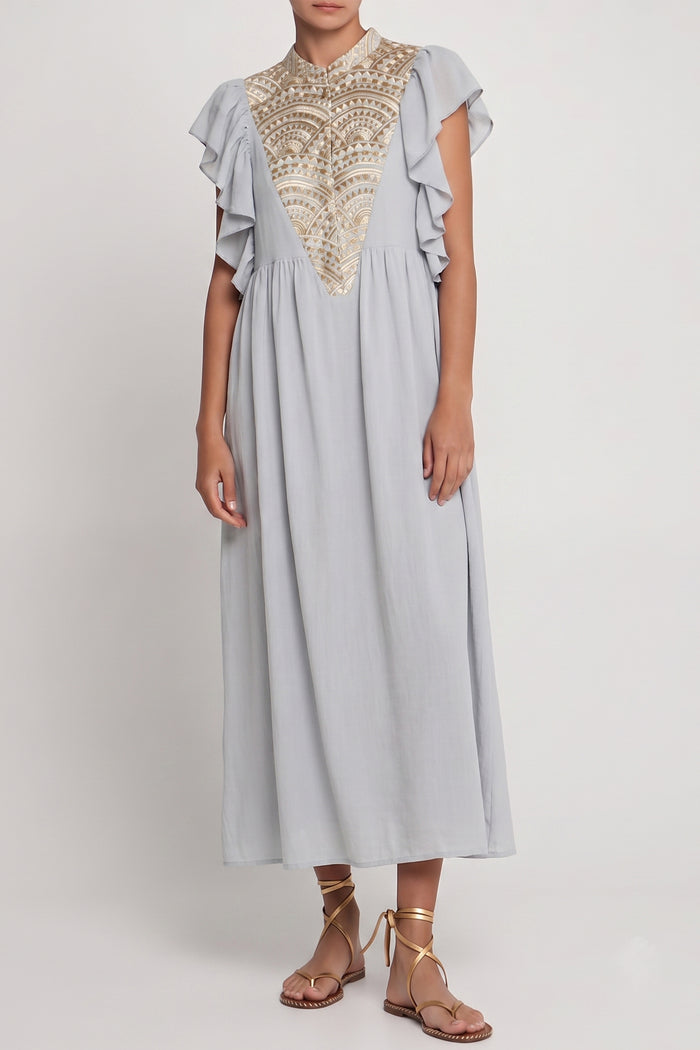 MIDI COTTON DRESS WITH RUFFLES "TRIANGLE" LIGHT GREY/GOLD