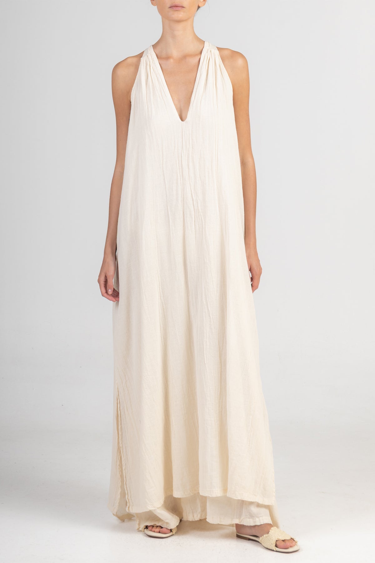 LONG SLEEVELESS MUSSELINE DRESS "SYMI" NATURAL