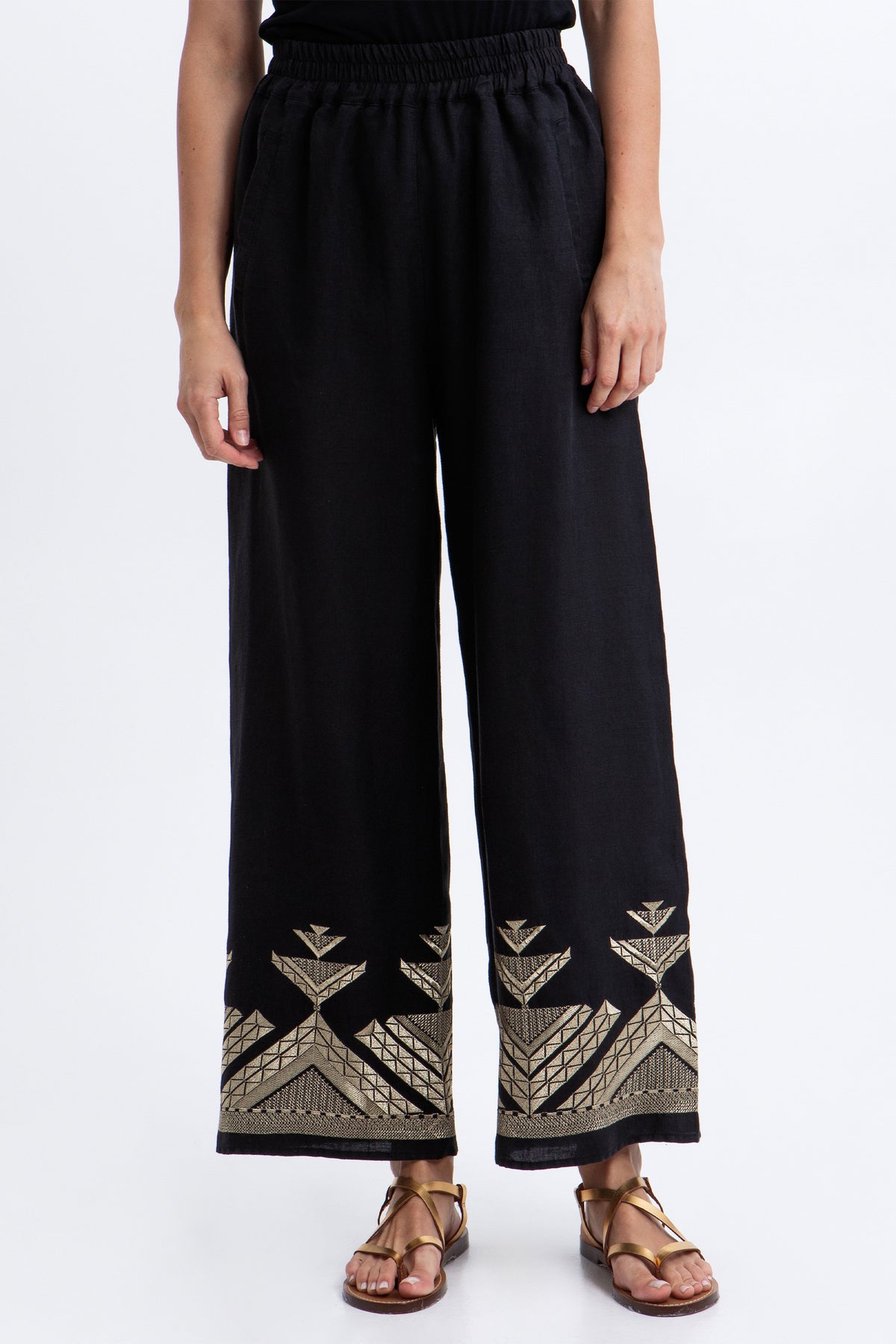 WIDE LEG LINEN PANTS "PYRAMIDS" BLACK/GOLD