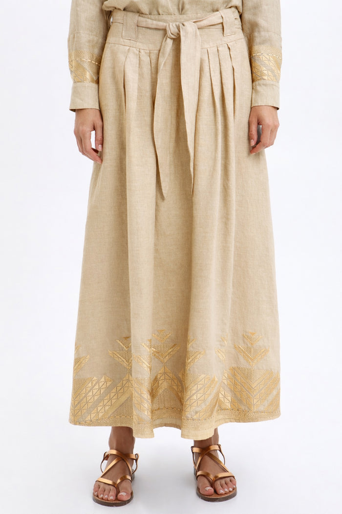 LONG LINEN SKIRT "PYRAMIDS" BEIGE/GOLD