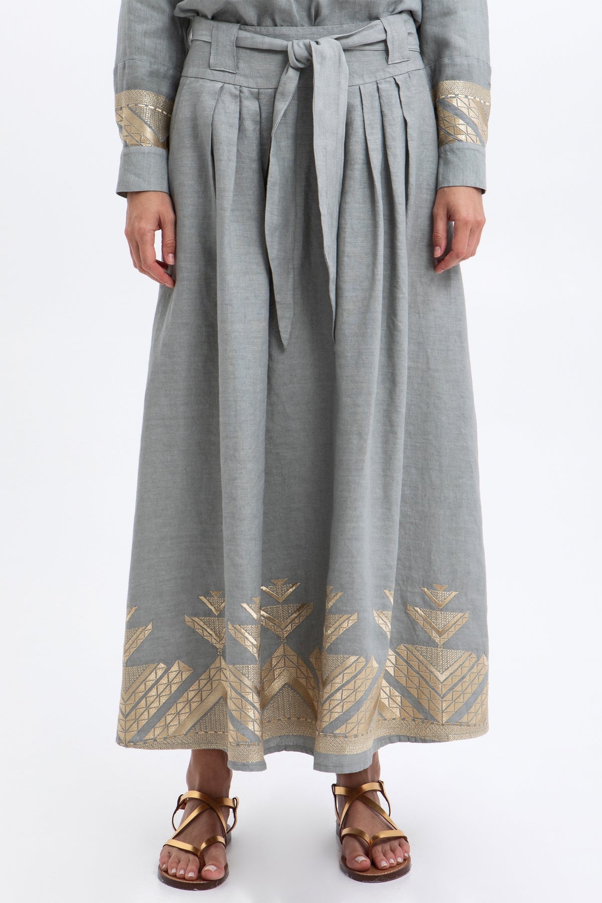 LONG LINEN SKIRT "PYRAMIDS" LIGHT GREY/GOLD