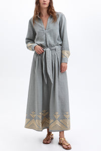 LONG LINEN SKIRT "PYRAMIDS" LIGHT GREY/GOLD