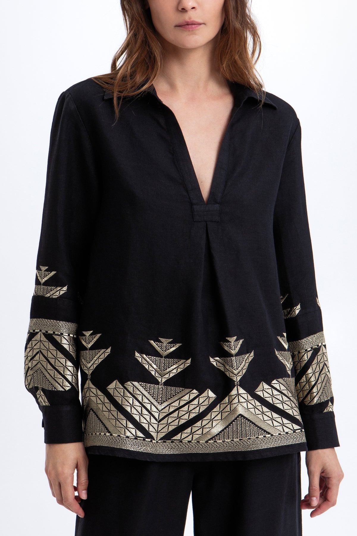 EMBROIDERED LINEN BLOUSE "PYRAMIDS" BLACK/GOLD