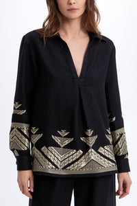 EMBROIDERED LINEN BLOUSE "PYRAMIDS" BLACK/GOLD