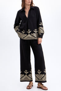 EMBROIDERED LINEN BLOUSE "PYRAMIDS" BLACK/GOLD