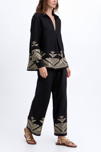 EMBROIDERED LINEN BLOUSE "PYRAMIDS" BLACK/GOLD