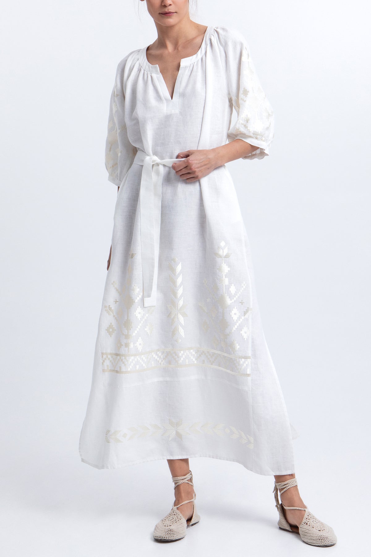 MIDI LINEN DRESS "IOS" WHITE/CHAMPAGNE