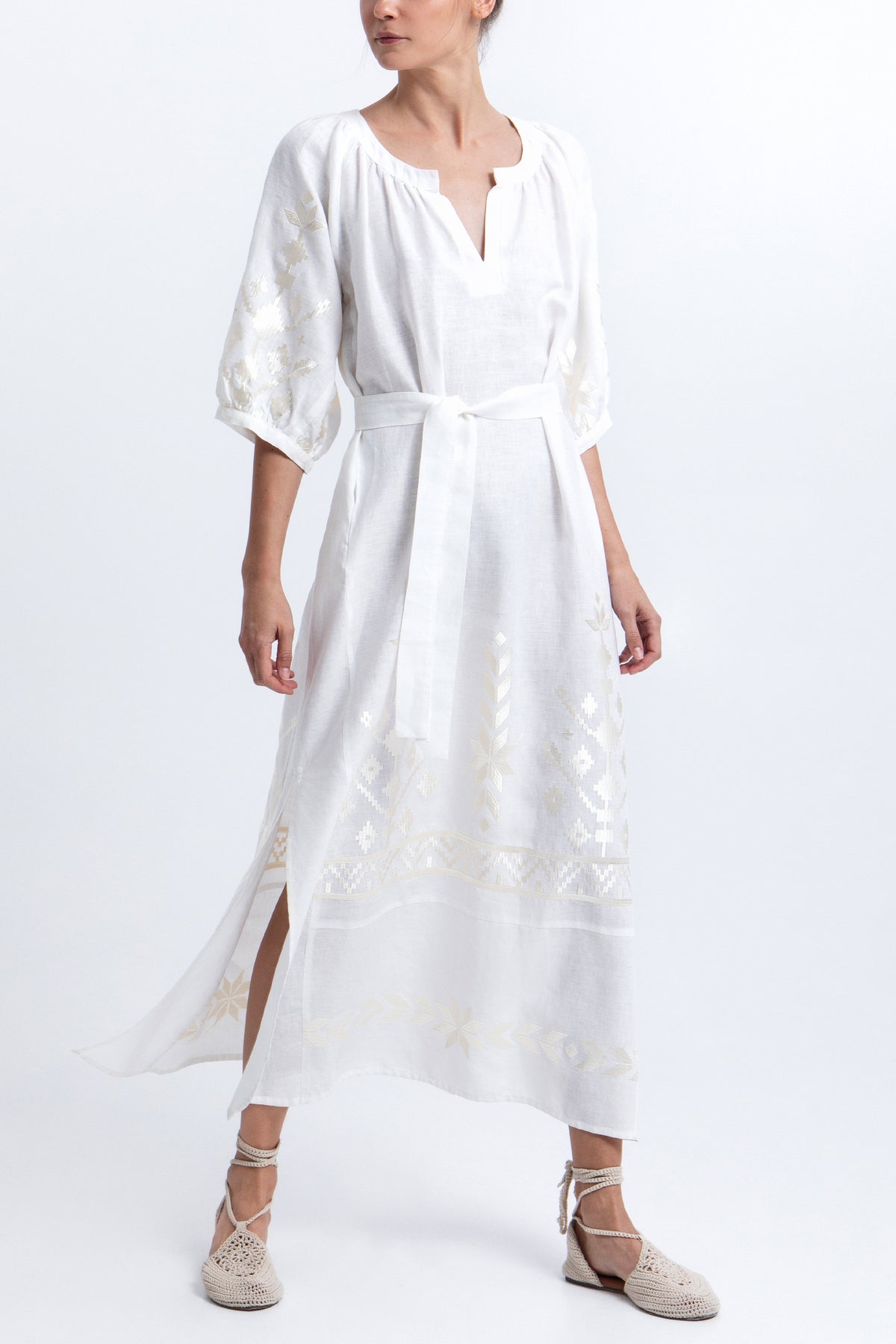 MIDI LINEN DRESS "IOS" WHITE/CHAMPAGNE