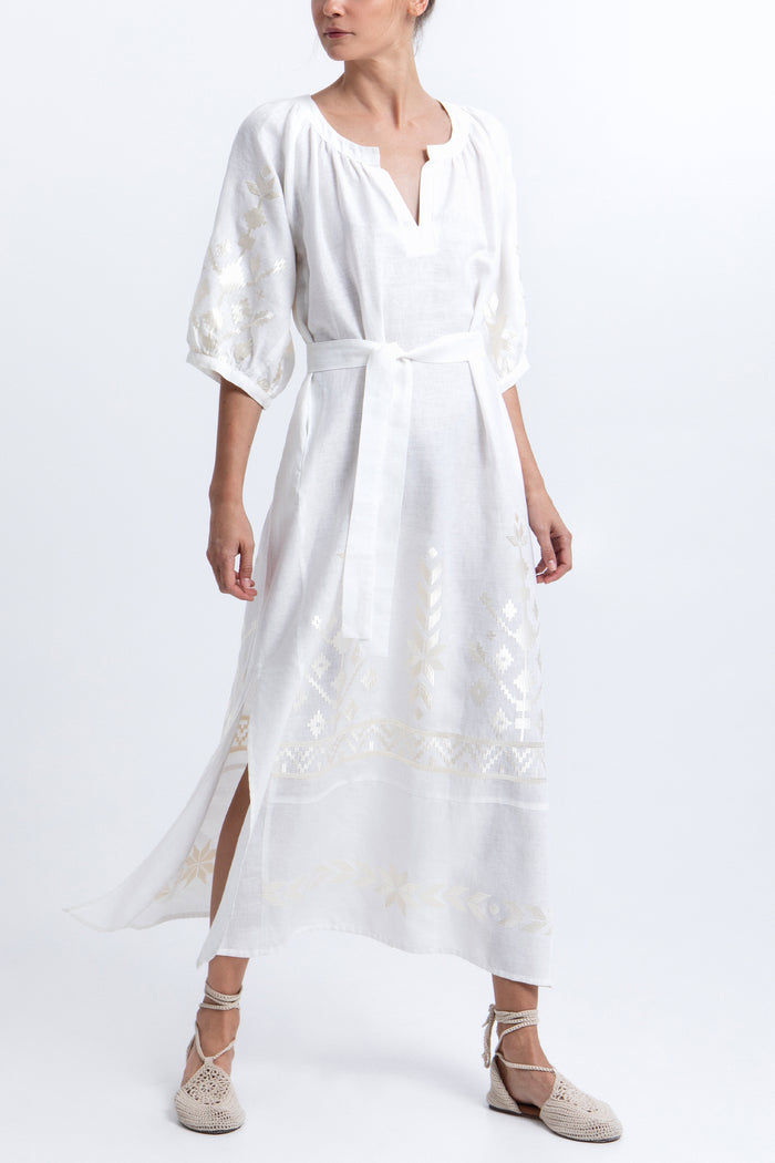 MIDI LINEN DRESS "IOS" WHITE/CHAMPAGNE
