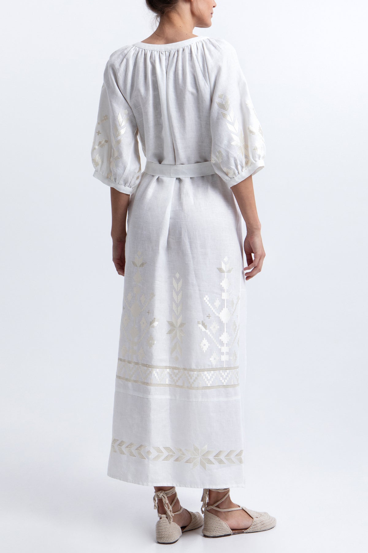 MIDI LINEN DRESS "IOS" WHITE/CHAMPAGNE